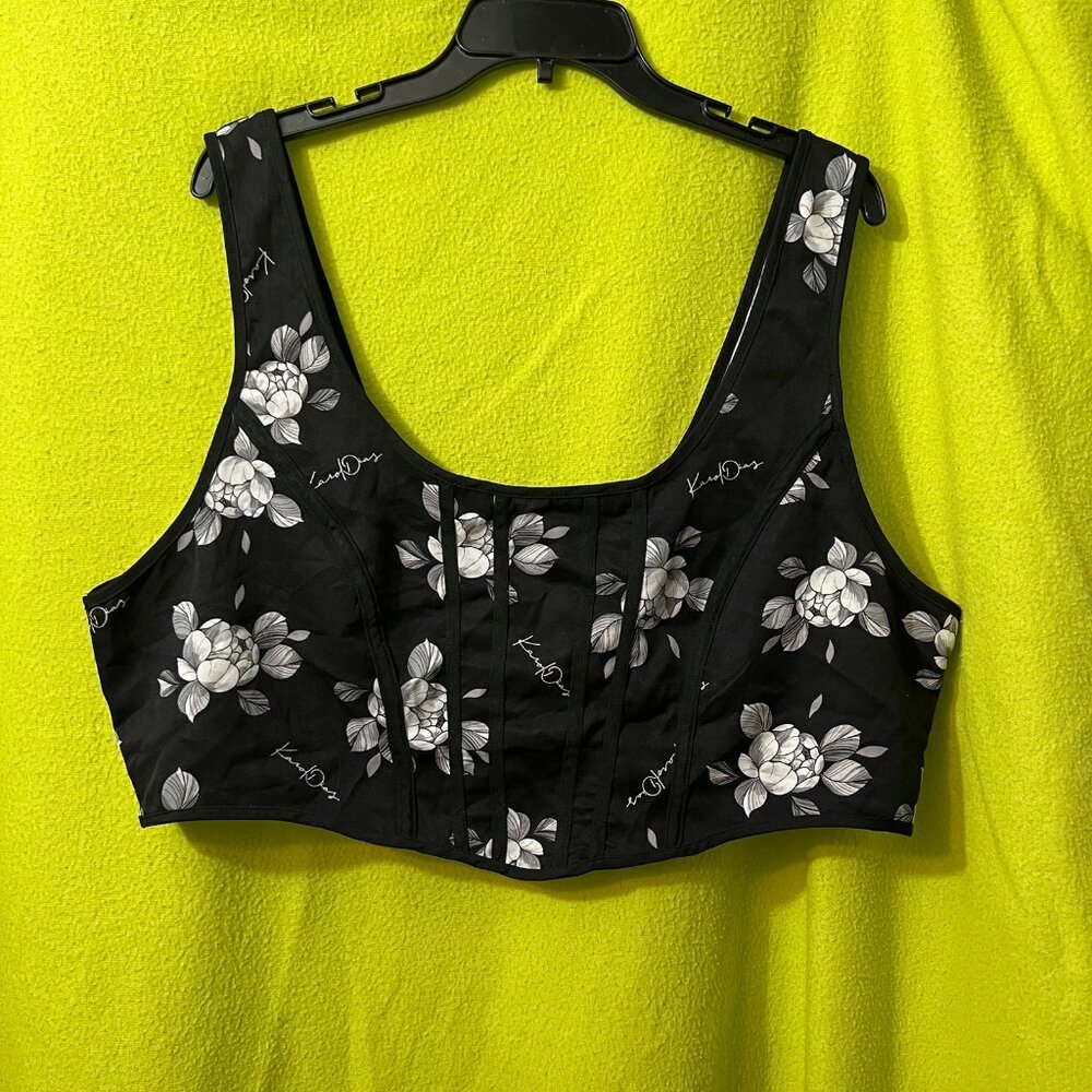 Plus Floral Corset Crop Top Black White 3xl
